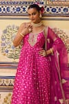 LASHKARAA_Pink Brocade Embroidery Thread V Neck Floral Pattern Anarkali Pant Set _Online_at_Aza_Fashions