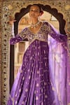 LASHKARAA_Purple Brocade Embroidery Thread V Neck Floral Yoke Anarkali Pant Set _Online_at_Aza_Fashions