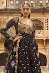 LASHKARAA_Black Brocade Embroidery Thread Square Neck Floral Bloom Yoke Anarkali Pant Set _Online_at_Aza_Fashions