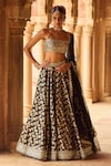 Buy_LASHKARAA_Black Brocade Embroidery Thread Square Neck Floral Bloom Pattern Lehenga Set_at_Aza_Fashions