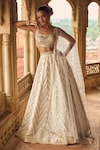 LASHKARAA_White Brocade Embroidery Thread Square Floral Chevron Pattern Bridal Lehenga Set_Online_at_Aza_Fashions