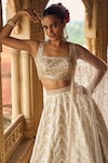 Buy_LASHKARAA_White Brocade Embroidery Thread Square Floral Chevron Pattern Bridal Lehenga Set_Online_at_Aza_Fashions