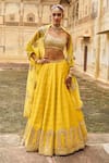 Buy_LASHKARAA_Yellow Brocade Embroidery Thread Scoop Neck Geometric Textured Lehenga Set_at_Aza_Fashions