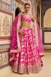 Buy_LASHKARAA_Pink Brocade Embroidery Thread V Neck Floral Vine Pattern Bridal Lehenga Set_at_Aza_Fashions