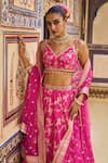 LASHKARAA_Pink Brocade Embroidery Thread V Neck Floral Vine Pattern Bridal Lehenga Set_Online_at_Aza_Fashions