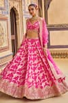 Buy_LASHKARAA_Pink Brocade Embroidery Thread V Neck Floral Vine Pattern Bridal Lehenga Set_Online_at_Aza_Fashions