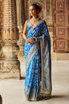 Buy_LASHKARAA_Blue Brocade Embroidery Thread Floral Pattern Pre-draped Saree With Blouse _at_Aza_Fashions