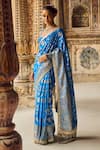 LASHKARAA_Blue Brocade Embroidery Thread Floral Pattern Pre-draped Saree With Blouse _Online_at_Aza_Fashions