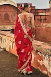 Shop_Lashkaraa_Red Brocade Sequins, Zari V-neck Floral Pre-draped Saree Set_at_Aza_Fashions