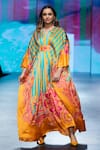 Buy_Swati Vijaivargie_Blue Bemberg Modal Satin Printed Abstract Paisley V Pleated Kaftan  _at_Aza_Fashions