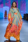 Swati Vijaivargie_Blue Bemberg Modal Satin Printed Abstract Paisley V Pleated Kaftan  _Online_at_Aza_Fashions