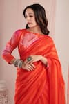 Negra Elegante_Red Organza Printed Floral Stripe Saree With Unstitched Blouse Piece _Online_at_Aza_Fashions