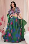 Buy_Negra Elegante_Green Organza Printed Floral V-neck Blossom Lehenga Set _at_Aza_Fashions