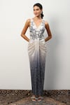 Buy_RANNA GILL_Grey Linen Viscose Embroidered V Neck Sequin Gown _at_Aza_Fashions