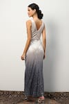 Shop_RANNA GILL_Grey Linen Viscose Embroidered V Neck Sequin Gown _at_Aza_Fashions