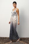 RANNA GILL_Grey Linen Viscose Embroidered V Neck Sequin Gown _Online_at_Aza_Fashions