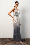 Buy_RANNA GILL_Grey Linen Viscose Embroidered V Neck Sequin Gown _Online_at_Aza_Fashions