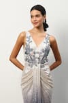 Shop_RANNA GILL_Grey Linen Viscose Embroidered V Neck Sequin Gown _Online_at_Aza_Fashions