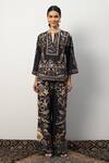 RANNA GILL_Black Linen Viscose Print Bird Garden Notched V Erica Top _Online_at_Aza_Fashions