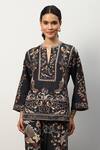 Shop_RANNA GILL_Black Linen Viscose Print Bird Garden Notched V Erica Top _Online_at_Aza_Fashions