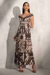 RANNA GILL Brown Viscose Georgette Print Ikat Floral Off Valery Dress Online at Aza Fashions RANNA GILL_Brown Viscose Georgette Print Ikat Floral Off Valery Dress _Online_at_Aza_Fashions