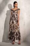 Buy RANNA GILL Brown Viscose Georgette Print Ikat Floral Off Valery Dress Online at Aza Fashions Buy_RANNA GILL_Brown Viscose Georgette Print Ikat Floral Off Valery Dress _Online_at_Aza_Fashions