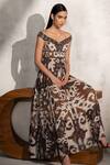 Shop RANNA GILL Brown Viscose Georgette Print Ikat Floral Off Valery Dress Online at Aza Fashions Shop_RANNA GILL_Brown Viscose Georgette Print Ikat Floral Off Valery Dress _Online_at_Aza_Fashions