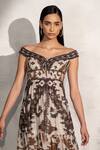 RANNA GILL Brown Viscose Georgette Print Ikat Floral Off Valery Dress at Aza Fashions RANNA GILL_Brown Viscose Georgette Print Ikat Floral Off Valery Dress _at_Aza_Fashions