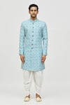 Buy_Aryavir Malhotra_Blue Kurta Rayon Printed And Embroidered Paisley & Set _Online_at_Aza_Fashions