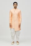 Aryavir Malhotra_Peach Kurta Jacquard Embroidered Thread And Sequin Work & Asymmetric Set _Online_at_Aza_Fashions