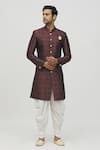 Buy_Arihant Rai Sinha_Maroon Jacquard, Polyester, Viscose Geometric Flora Kurta With Peshawari Pant _Online_at_Aza_Fashions