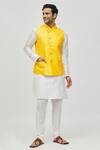 Buy_Arihant Rai Sinha_Yellow Jacquard Embroidered Thread Overlapping Panel Bundi_at_Aza_Fashions
