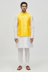 Arihant Rai Sinha_Yellow Jacquard Embroidered Thread Overlapping Panel Bundi_Online_at_Aza_Fashions