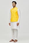 Buy_Arihant Rai Sinha_Yellow Jacquard Embroidered Thread Overlapping Panel Bundi_Online_at_Aza_Fashions
