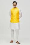 Shop_Arihant Rai Sinha_Yellow Jacquard Embroidered Thread Overlapping Panel Bundi_Online_at_Aza_Fashions