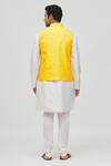 Shop_Arihant Rai Sinha_Yellow Jacquard Embroidered Thread Overlapping Panel Bundi_at_Aza_Fashions