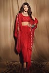 Buy_Pink City by Sarika_Red Silk Printed Bandhani U Neck Cape Skirt Set _at_Aza_Fashions