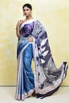 Samyukta Singhania_Blue Satin Printed Digital Square Floral Paisley Saree With Blouse _Online_at_Aza_Fashions