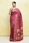 Buy_Samyukta Singhania_Pink Tussar Silk Woven Floral U-neck Saree With Blouse _at_Aza_Fashions