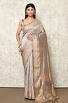 Buy_Samyukta Singhania_Grey Tussar Silk Woven Floral V-neck Saree With Blouse _at_Aza_Fashions