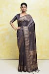 Buy_Samyukta Singhania_Grey Tussar Silk Woven Floral V-neck Blossom Saree With Blouse _at_Aza_Fashions