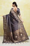 Shop_Samyukta Singhania_Grey Tussar Silk Woven Floral V-neck Blossom Saree With Blouse _at_Aza_Fashions