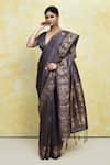 Samyukta Singhania_Grey Tussar Silk Woven Floral V-neck Blossom Saree With Blouse _Online_at_Aza_Fashions