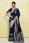 Samyukta Singhania_Blue Georgette Woven Floral V-neck Jaal Saree With Blouse _Online_at_Aza_Fashions