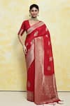 Buy_Samyukta Singhania_Red Georgette Woven Floral V-neck Zari Jaal Saree With Blouse _at_Aza_Fashions