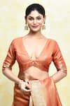 Buy_Samyukta Singhania_Orange Tissue Woven Flower Plunge V Neck Saree With Blouse _Online_at_Aza_Fashions