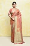 Buy_Samyukta Singhania_Peach Tissue Woven Floral Plunge V Neck Paisley And Saree With Blouse _at_Aza_Fashions