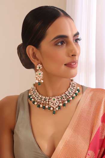 Buy_Swabhimann_Green Stones Polki And Embellished Choker Necklace Set _at_Aza_Fashions