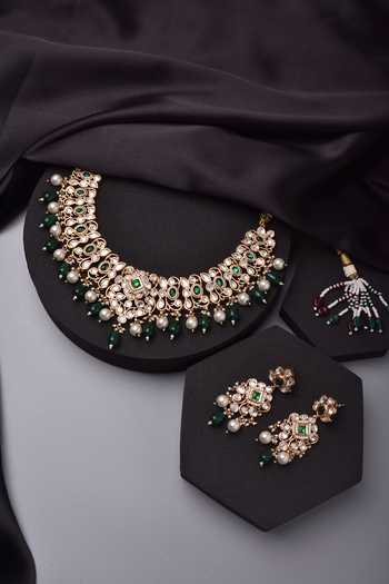 Shop_Swabhimann_Green Stones Polki And Embellished Choker Necklace Set _at_Aza_Fashions