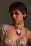 Buy_Tarun Tahiliani_Red Ruby Glass Beds Swarovski Pearl Embellished Floral Choker _at_Aza_Fashions